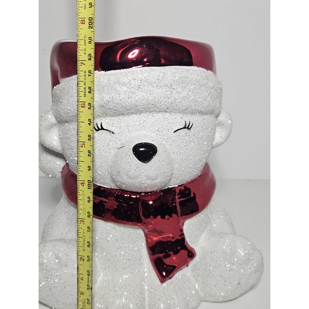Bath & Body Works Glitter Polar Bear Santa Red Hat Scarf 3-Wick Candle Holder